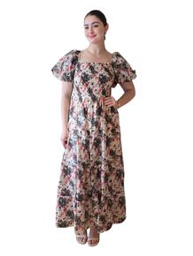 LEKKER KJOLE I TENCEL/NYLON MED VAKKERT BLOMSTERPRINT. SMOCK OG SÅ FINE VOLUMINØSE ERMER MED STRIKK. FÔRET. SORT