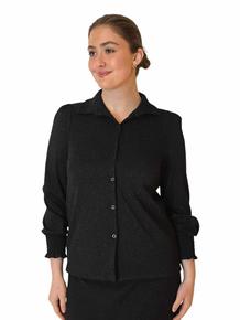 FORKNEPPET SKJORTE I VISCOSE/LUREX/ELASTAN. FLOTTE PUFFERMER MED BRED MANSJETT I SMOCK. SORT