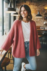 ÅPEN JAKKE MODELL I MYK 80% KID MOHAIR. BRENT ORANGE