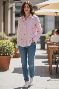 STRIPETE SKJORTE I 100% BOMULL MED SØTE ROSER.  ROSA